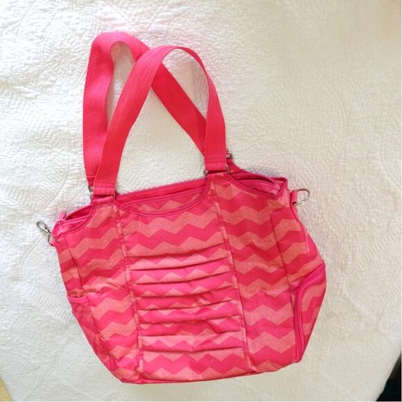 Thirty-One All Pro Tote Bag /Coral Punch Color /Chevron Fushia and Pink Striped - Picture 2 of 13
